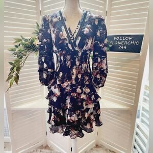 NICOLE MILLER BLACK NEW FLORAL DRESS MSRP 375.00 MED